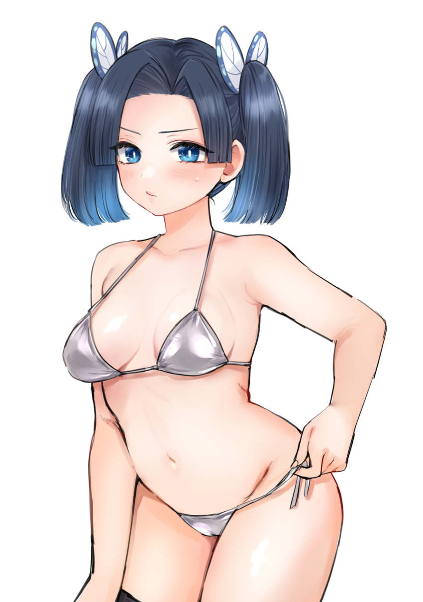 1girl, bikini, black_hair, blue_eyes, blue_hair, blush, breasts, butterfly_hair_ornament, closed_mouth, gradient_hair, hair_intakes, hair_ornament, highres, kanzaki_aoi_(kimetsu_no_yaiba), kimetsu_no_yaiba, looking_at_viewer, medium_breasts, multicolored_hair, navel, saburou_03, side-tie_bikini_bottom, silver_bikini, simple_background, solo, sweat, swimsuit, twintails, untied_bikini, white_background