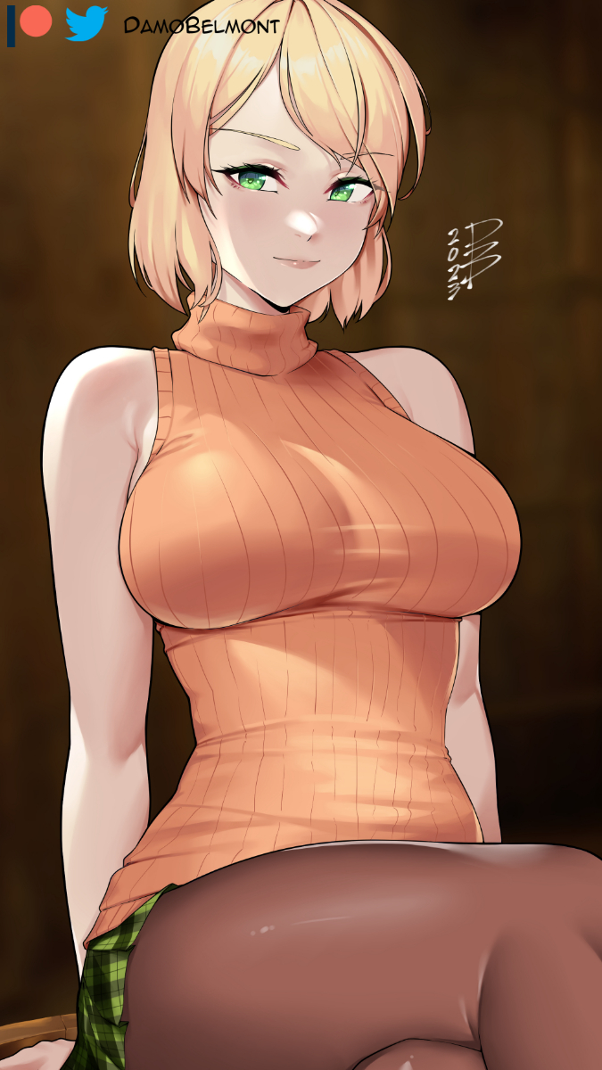 1girl, 2023, ashley_graham, bare_shoulders, blonde_hair, breasts, brown_pantyhose, closed_mouth, crossed_legs, damobelmont, green_eyes, green_skirt, highres, large_breasts, miniskirt, orange_sweater, orange_sweater_vest, pantyhose, plaid_clothes, plaid_skirt, resident_evil, resident_evil_4, resident_evil_4_(remake), ribbed_sweater, short_hair, signature, sitting, skirt, sleeveless, sleeveless_turtleneck, solo, sweater, sweater_vest, thighs, turtleneck, turtleneck_sweater, twitter_logo