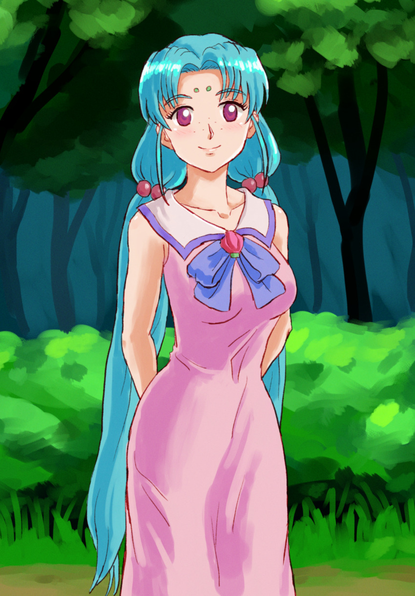 1girl, absurdres, aged_up, blue_hair, collarbone, dress, facial_mark, forehead_mark