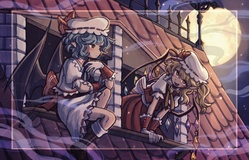 2girls, arm_support, back_bow, bat_wings, black_footwear, blonde_hair, blue_hair, blush, boots, bow, closed_mouth, collared_shirt, commentary, crystal, flandre_scarlet, frilled_shirt_collar, frills, full_moon, gloves, hand_up, hat, hat_bow, highres, leaning_forward, looking_at_another, medium_hair, mob_cap, moon, multiple_girls, night, pointy_ears, red_bow, red_eyes, red_skirt, red_vest, remilia_scarlet, rooftop, sadcringe8, shirt, short_hair, siblings, sisters, sitting_in_window, skirt, skirt_set, sky, touhou, vest, weather_vane, white_gloves, white_headwear, white_shirt, white_skirt, wings, wrist_cuffs