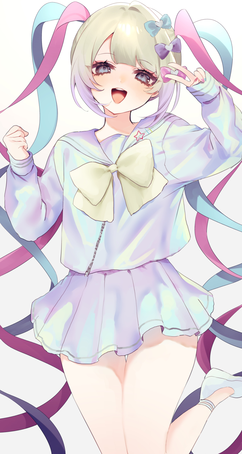 1girl, :d, absurdres, blonde_hair, blue_bow, blue_eyes, blue_hair, blue_nails, blue_shirt, blue_skirt, blunt_bangs, blush, bow, chouzetsusaikawa_tenshi-chan, hair_bow, highres, iridescent_clothes, long_hair, long_sleeves, looking_at_viewer, multicolored_hair, multicolored_nails, needy_girl_overdose, ogai, open_mouth, pink_bow, pink_hair, pink_nails, pleated_skirt, purple_bow, quad_tails, sailor_collar, school_uniform, serafuku, shirt, simple_background, skirt, smile, solo, standing, twintails, v, very_long_hair, white_background, yellow_bow