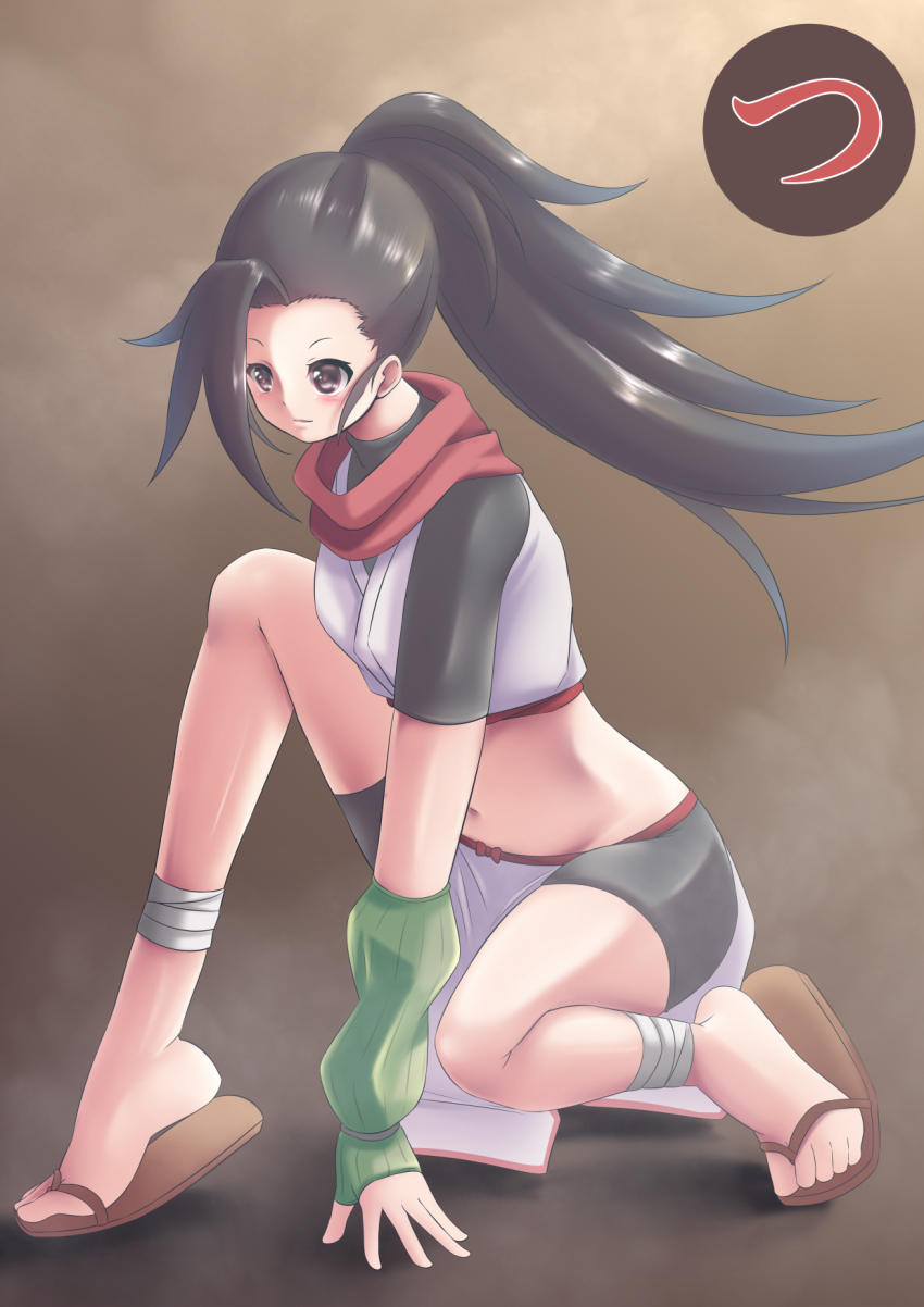 1girl, ankle_wrap, bike_shorts, brown_eyes, chooper, commentary_request, forehead, gloves, green_gloves, high_ponytail, highres, kunoichi_tsubaki_no_mune_no_uchi, midriff, navel, ninja, pelvic_curtain, ponytail, red_scarf, sandals, scarf, simple_background, tsubaki_(kunoichi_tsubaki_no_mune_no_uchi), zouri