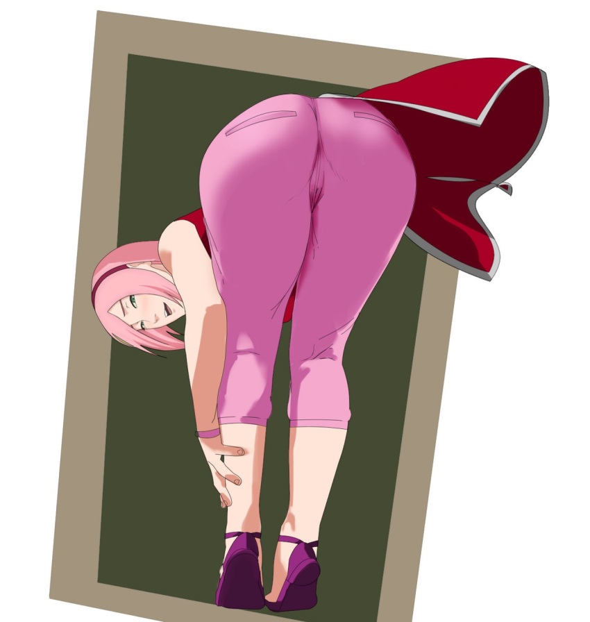 1girl, ass, ass_focus, boruto:_naruto_next_generations, denim, female_focus, from_behind, green_eyes, haruno_sakura, hellzwyn, highres, huge_ass, jeans, leaning, leaning_forward, looking_at_viewer, mature_female, naruto_(series), pants, pink_hair, sandals, smile, solo, standing, third-party_edit