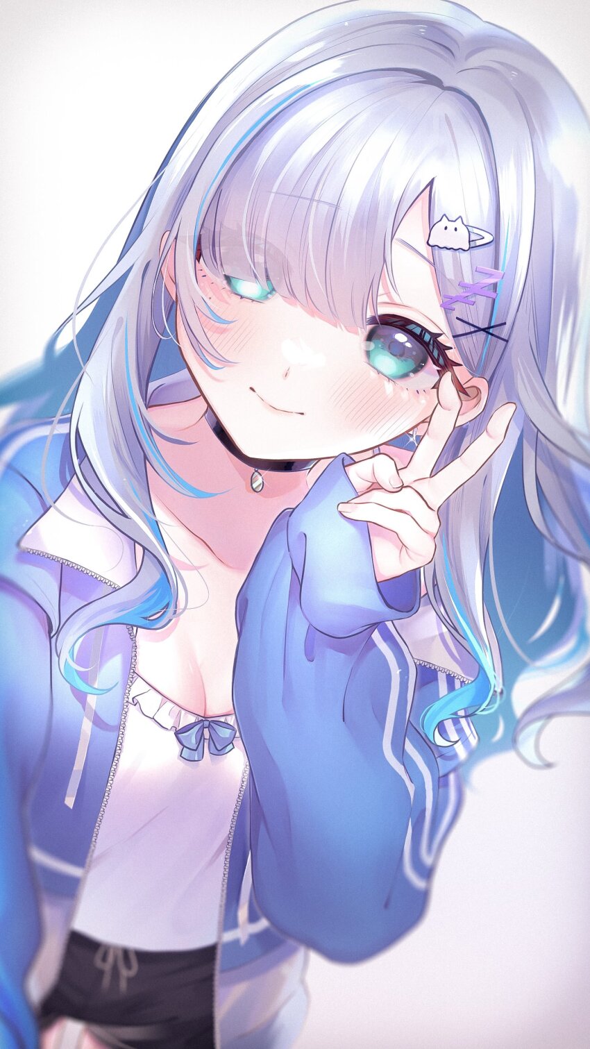 1girl, absurdres, aqua_eyes, black_choker, black_shorts, blue_hair, blue_jacket, blurry