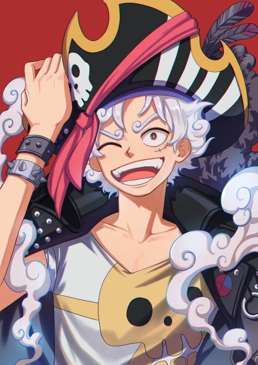 ;d, absurdres, black_coat, bracelet, coat, coat_on_shoulders, curly_eyebrows, gear_fifth