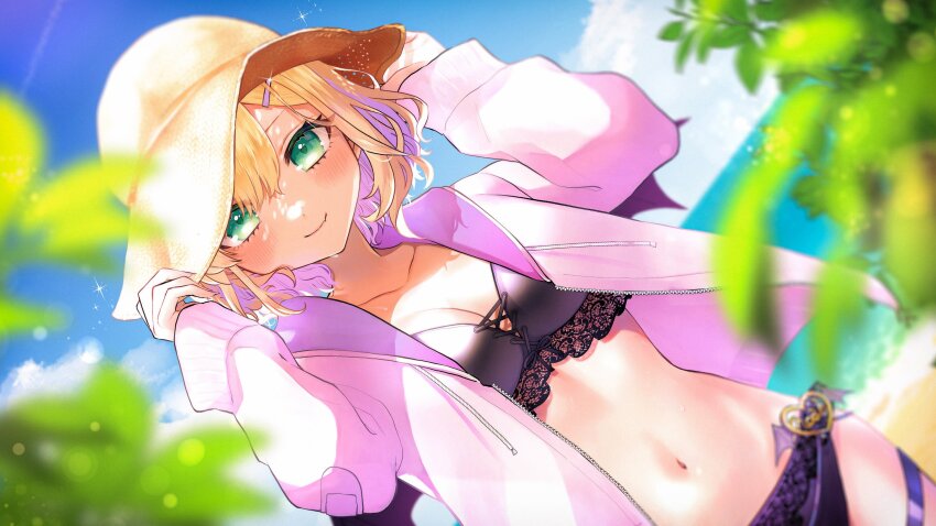 1girl, absurdres, adjusting_clothes, adjusting_headwear, beach, bikini, black_bikini, blonde_hair, blurry, blurry_foreground, blush, breasts, chamu_(zari_gani3), cleavage, closed_mouth, colored_inner_hair, day, dutch_angle, fang, glint, green_eyes, hair_between_eyes, hair_ornament, hairclip, hands_up, hat, heart, highres, horizon, jacket, kurumi_noah, lace, lace-trimmed_bikini, lace_trim, leaf, long_sleeves, looking_at_viewer, medium_breasts, multicolored_hair, navel, ocean, open_clothes, open_jacket, outdoors, pink_hair, pink_jacket, skin_fang, sleeves_past_wrists, solo, straw_hat, swimsuit, thigh_strap, unzipped, virtual_youtuber, vspo!, wind, yellow_hat, zipper