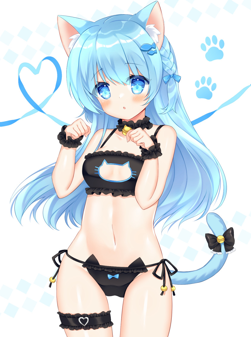 1girl, :o, animal_ear_fluff, animal_ears, bare_shoulders, bell, black_bra, black_panties, blue_eyes, blue_hair, blush, bra, braid, cat_cutout, cat_ear_panties, cat_ears, cat_girl, cat_lingerie, cat_tail, cleavage_cutout, clothing_cutout, commentary_request, fish_hair_ornament, frilled_bra, frilled_panties, frills, hair_between_eyes, hair_ornament, highres, jingle_bell, long_hair, looking_at_viewer, navel, neck_bell, original, panties, parted_lips, paw_pose, shikito_(yawa0w0), side-tie_panties, simple_background, solo, standing, tail, underwear, underwear_only, very_long_hair, white_background, wrist_cuffs
