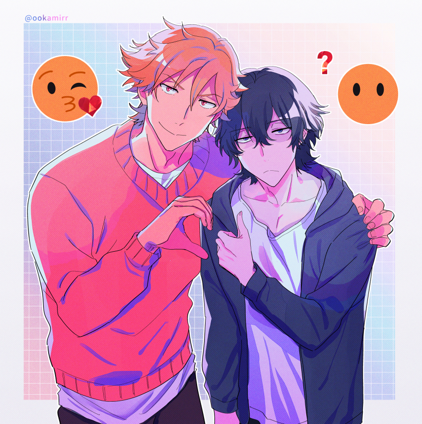 2boys, ?, arm_around_shoulder, artist_name, black_hair, brown_hair, buddy_daddies, emoji