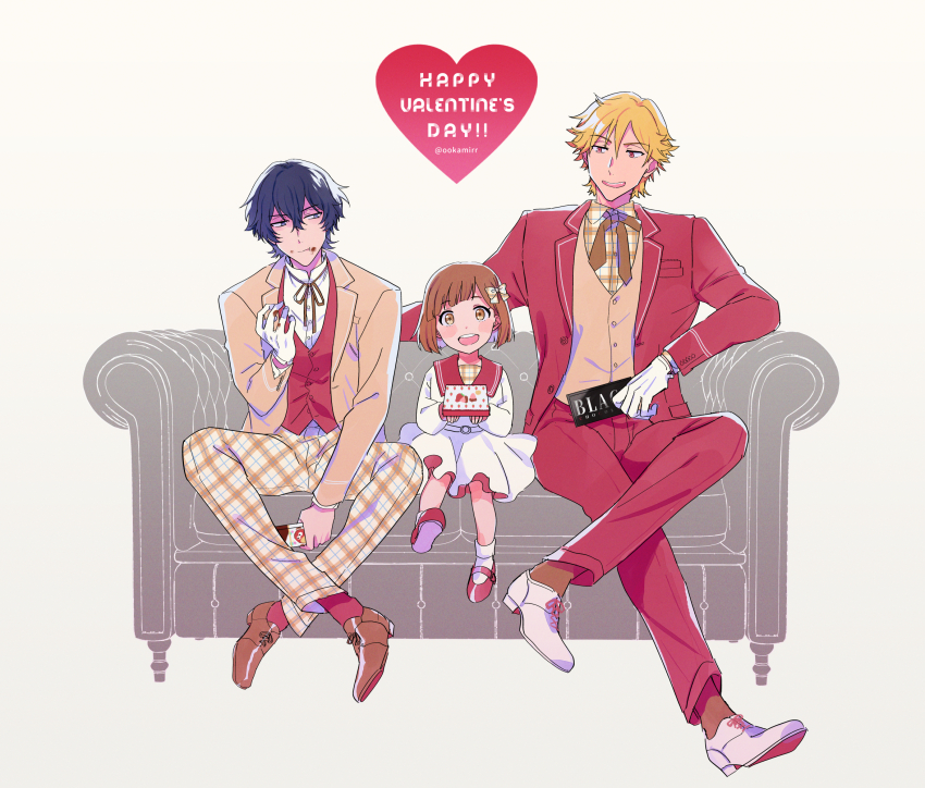 1girl, 2boys, :d, black_hair, blonde_hair, bow, brown_eyes, brown_footwear