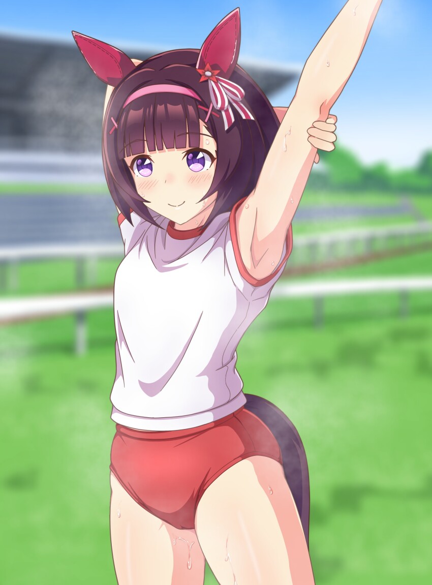 1girl, absurdres, alternate_costume, animal_ears, armpits, black_hair, blunt_bangs, blurry