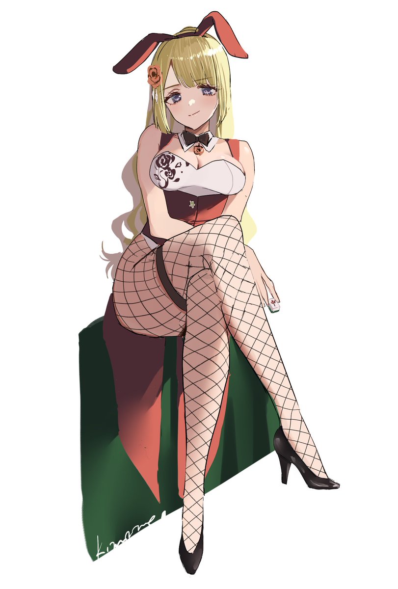 1girl, animal_ears, artist_name, assault_lily, bare_arms, bare_shoulders, black_bow, black_bowtie, black_footwear, black_pantyhose, blonde_hair, bow, bowtie, breasts, cleavage, closed_mouth, coattails, commentary, crossed_legs, detached_collar, fake_animal_ears, fishnet_pantyhose, fishnets, floral_print, full_body, hairband, high_heels, high_ponytail, highres, holding, jewelry, kanon_mone, leotard, long_hair, looking_at_viewer, mahjong, mahjong_tile, medium_breasts, miyagawa_takane, necklace, official_alternate_costume, official_alternate_hairstyle, pantyhose, pendant, playboy_bunny, ponytail, print_leotard, pumps, purple_eyes, rabbit_ears, red_hairband, red_vest, rose_print, signature, simple_background, sitting, smirk, solo, strapless, strapless_leotard, tailcoat, thigh_strap, very_long_hair, vest, wavy_hair, white_background, white_leotard