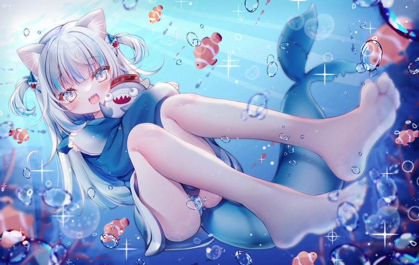1girl, animal_costume, animal_ears, animal_hood, bloop_(gawr_gura), blue_eyes, blue_hair, blue_hoodie