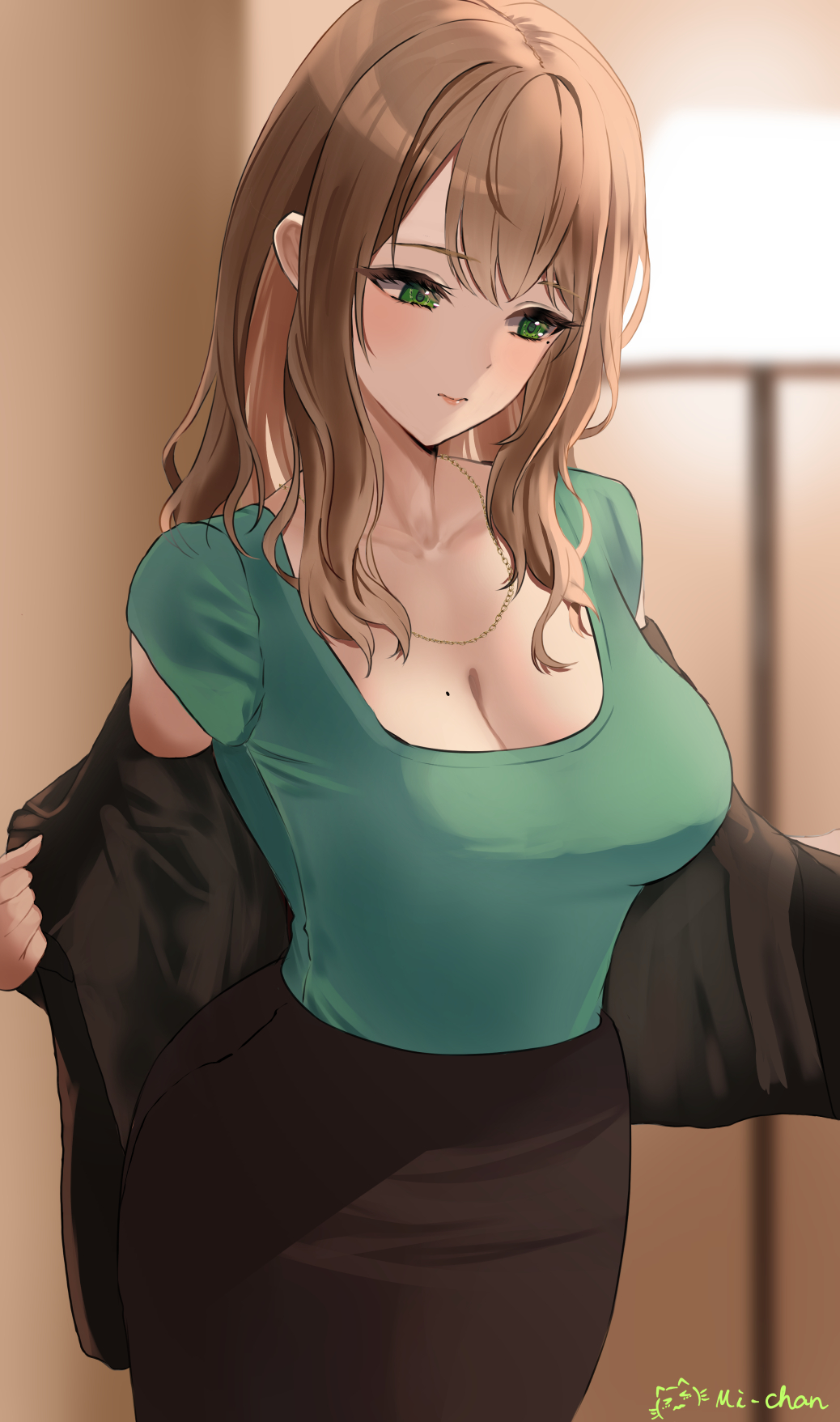 1girl, artist_name, asymmetrical_bangs, black_jacket, black_skirt, blonde_hair, blue_shirt, blush