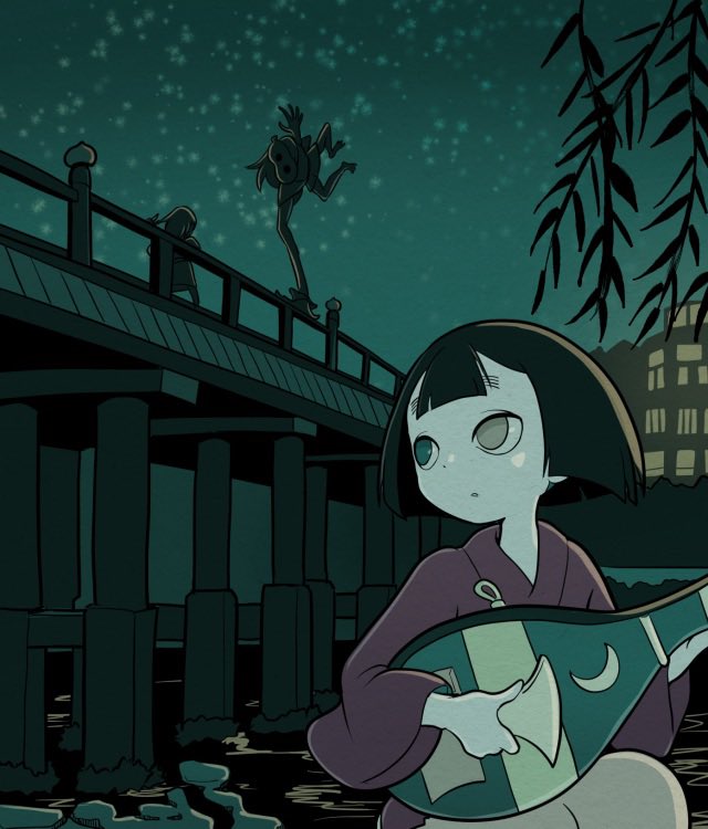 1girl, biwa_(heike_monogatari), biwa_lute, blunt_bangs, bob_cut, bridge, character_request, chasing