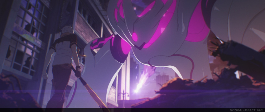 1boy, baseball_bat, black_gloves, black_pants, black_sleeves, broken_window, building, chariot_(honkai_impact_3rd), fingerless_gloves, gloves, highres, holding, holding_baseball_bat, honkai_(series), honkai_beast, honkai_impact_3rd, imminent_fight, kevin_kaslana, male_focus, monster, official_art, official_wallpaper, outdoors, pants, shirt, short_sleeves, single_glove, solo, standing, walking, white_hair, white_shirt