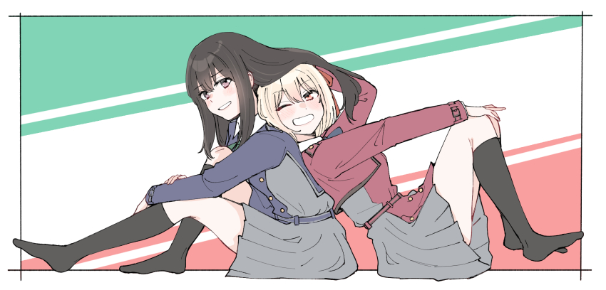 2girls, 6t24413, back-to-back, belt, black_hair, blonde_hair, blue_belt, blue_dress