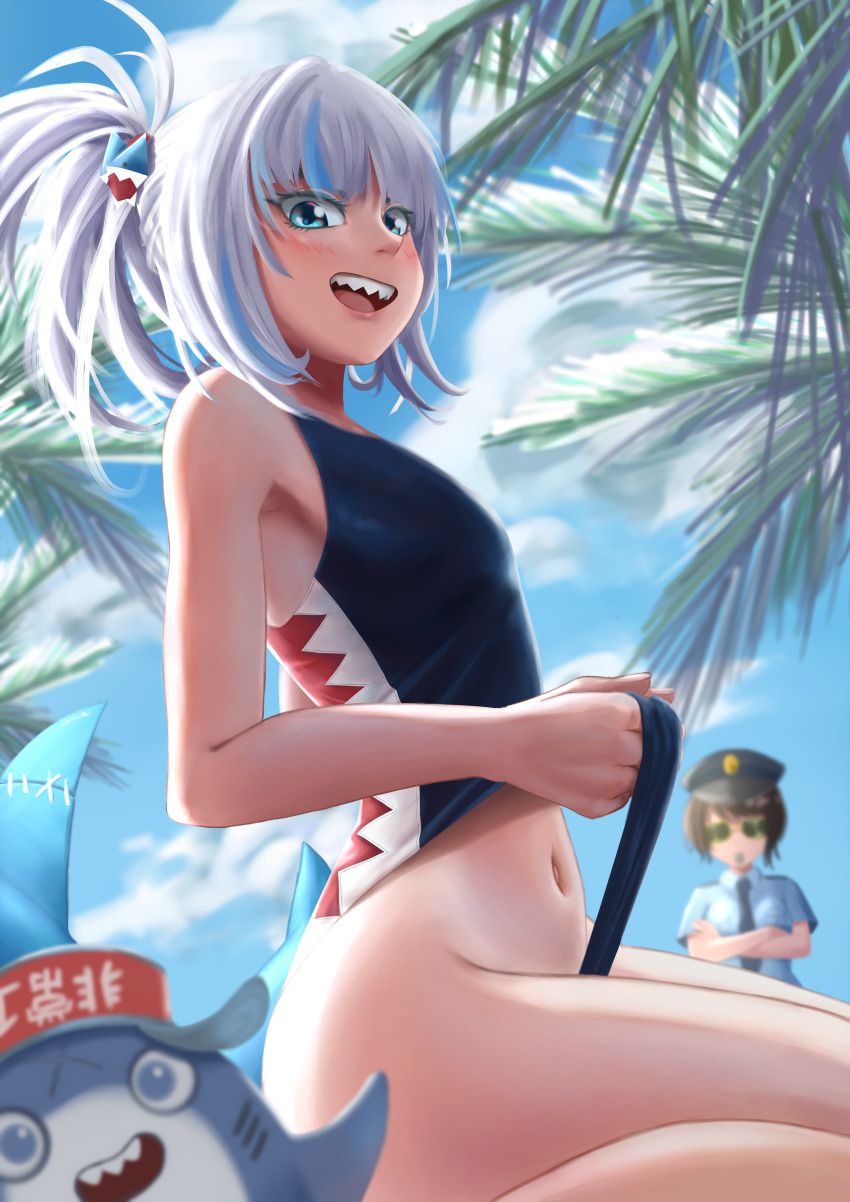 1girl, absurdres, ass, bloop_(gawr_gura), blue_eyes, blurry, breasts, cloud, depth_of_field, fins, fish_tail, gawr_gura, hat, highres, hololive, hololive_english, looking_at_viewer, midriff, milarkavelik, multicolored_hair, navel, one-piece_swimsuit, oozora_subaru, outdoors, palm_tree, police, police_hat, police_uniform, shark_girl, shark_tail, sharp_teeth, sitting, sky, small_breasts, streaked_hair, sunglasses, swimsuit, tail, teeth, thighs, tree, virtual_youtuber, white_hair