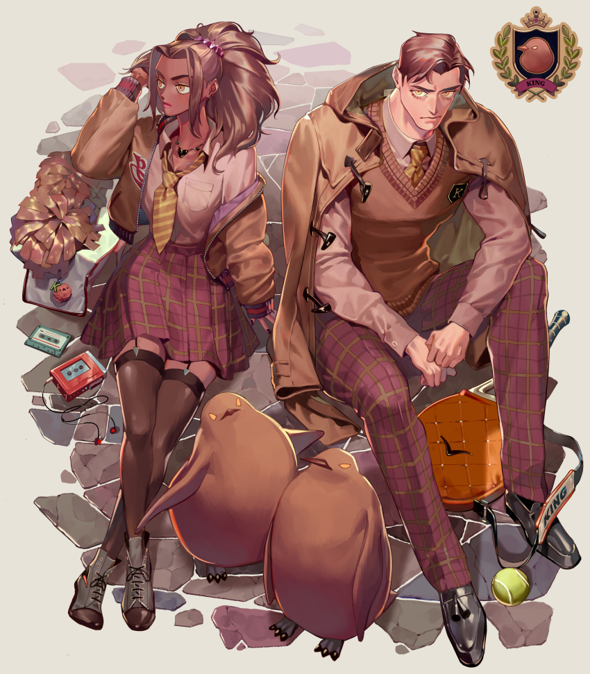 1boy, 1girl, absurdres, ball, bird, black_thighhighs, brown_hair, brown_jacket