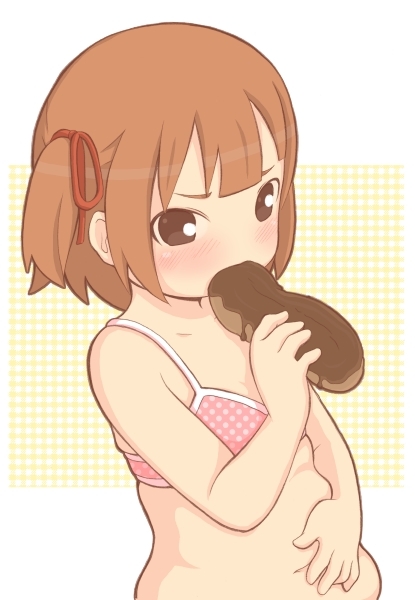 1girl, bad_id, bad_pixiv_id, belly, bikini, bikini_top_only, blush, brown_eyes, brown_hair, donut, eating, female_focus, food, hair_ribbon, idu_michito, loli, marui_mitsuba, mitsudomoe_(manga), pink_bikini, plump, polka_dot, ribbon, sexually_suggestive, short_hair, solo, swimsuit, twintails