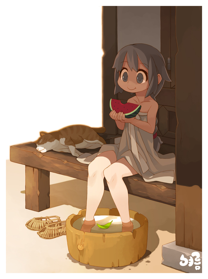 1girl, animal, bare_shoulders, barefoot, braid, brown_eyes, brown_hair, cat