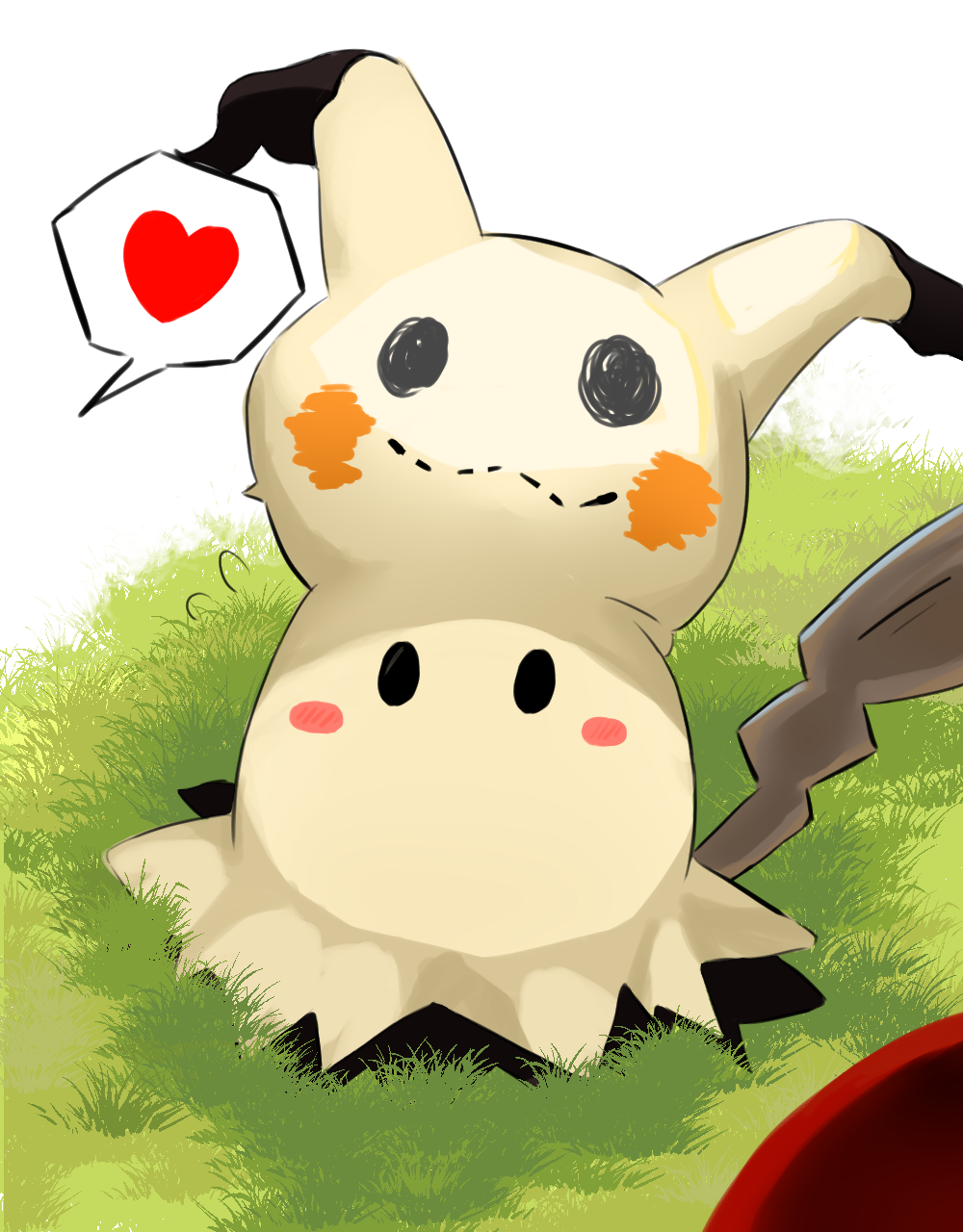 black_eyes, blush_stickers, cleaning_rag, commentary, flying_sweatdrops, gen_7_pokemon, grass, heart