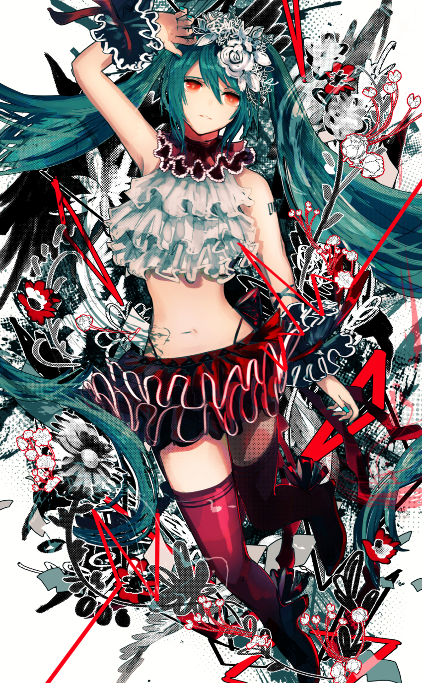 1girl, anemone_(flower), aqua_hair, bless_you_(module), crop_top, facing_viewer, flower, hair_flower