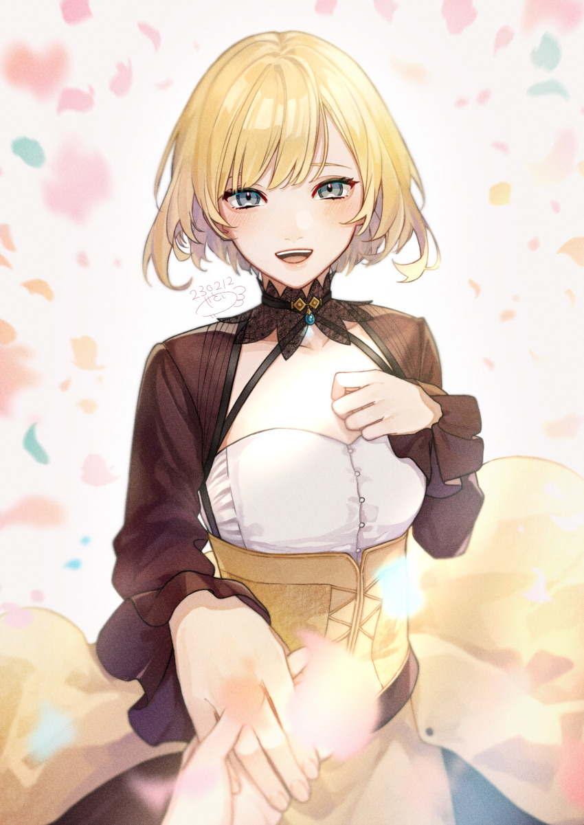 1girl, 1other, blonde_hair, brown_skirt, ceres_(shuuen_no_virche), corset, disembodied_hand, grey_eyes, hand_on_own_chest, highres, holding_hands, long_sleeves, open_mouth, pov, shirt, short_hair, shuuen_no_virche, skirt, smile, white_background, white_shirt, yasaimorimog, yellow_corset