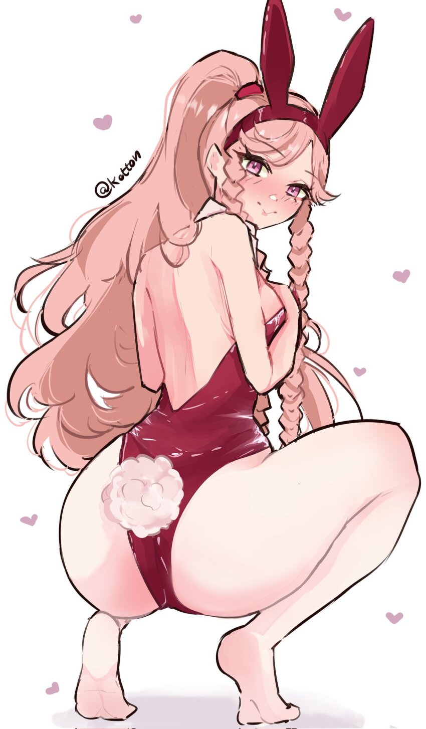 1girl, alternate_costume, animal_ears, ass, backless_leotard, blush, braid, braided_sidelock, breasts, fake_animal_ears, fake_tail, fire_emblem, fire_emblem_awakening, hand_on_own_chest, highres, leotard, long_hair, looking_at_viewer, looking_back, medium_breasts, nintendo, olivia_(fire_emblem), pantyhose, pink_eyes, pink_hair, playboy_bunny, ponytail, rabbit, rabbit_tail, red_leotard, serafineart1001, smile, solo, squatting, strapless, strapless_leotard, tail, tiptoes, watermark, white_background