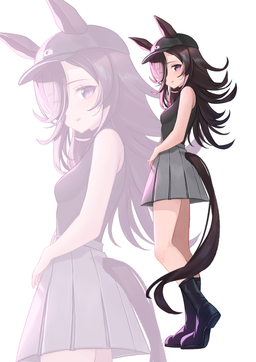 1girl, animal_ears, baseball_cap, black_boots, black_hat, black_shirt, blush, boc'z_(umamusume)