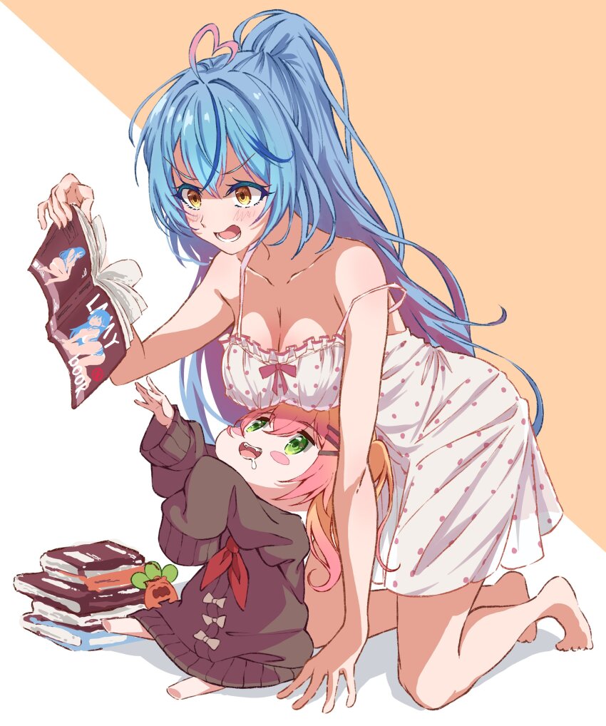2girls, absurdres, aged_down, ahoge, bare_shoulders, barefoot, blonde_hair, blue_hair, blush, blush_stickers, book, breast_rest, breasts, breasts_on_head, brown_cardigan, cardigan, character_name, child, dress, frown, gradient_hair, green_eyes, hair_ornament, hairclip, he_shan123, heart, heart_ahoge, highres, holding, holding_book, hololive, kneeling, large_breasts, long_hair, long_sleeves, momosuzu_nene, momosuzu_nene_(casual), multicolored_hair, multiple_girls, neckerchief, nightgown, official_alternate_costume, open_mouth, oversized_clothes, pink_hair, polka_dot, polka_dot_dress, ponytail, red_neckerchief, saliva, sitting, sleeves_past_fingers, sleeves_past_wrists, smile, strap_slip, streaked_hair, two_side_up, v-shaped_eyebrows, very_long_hair, virtual_youtuber, white_nightgown, yellow_eyes, yukihana_lamy