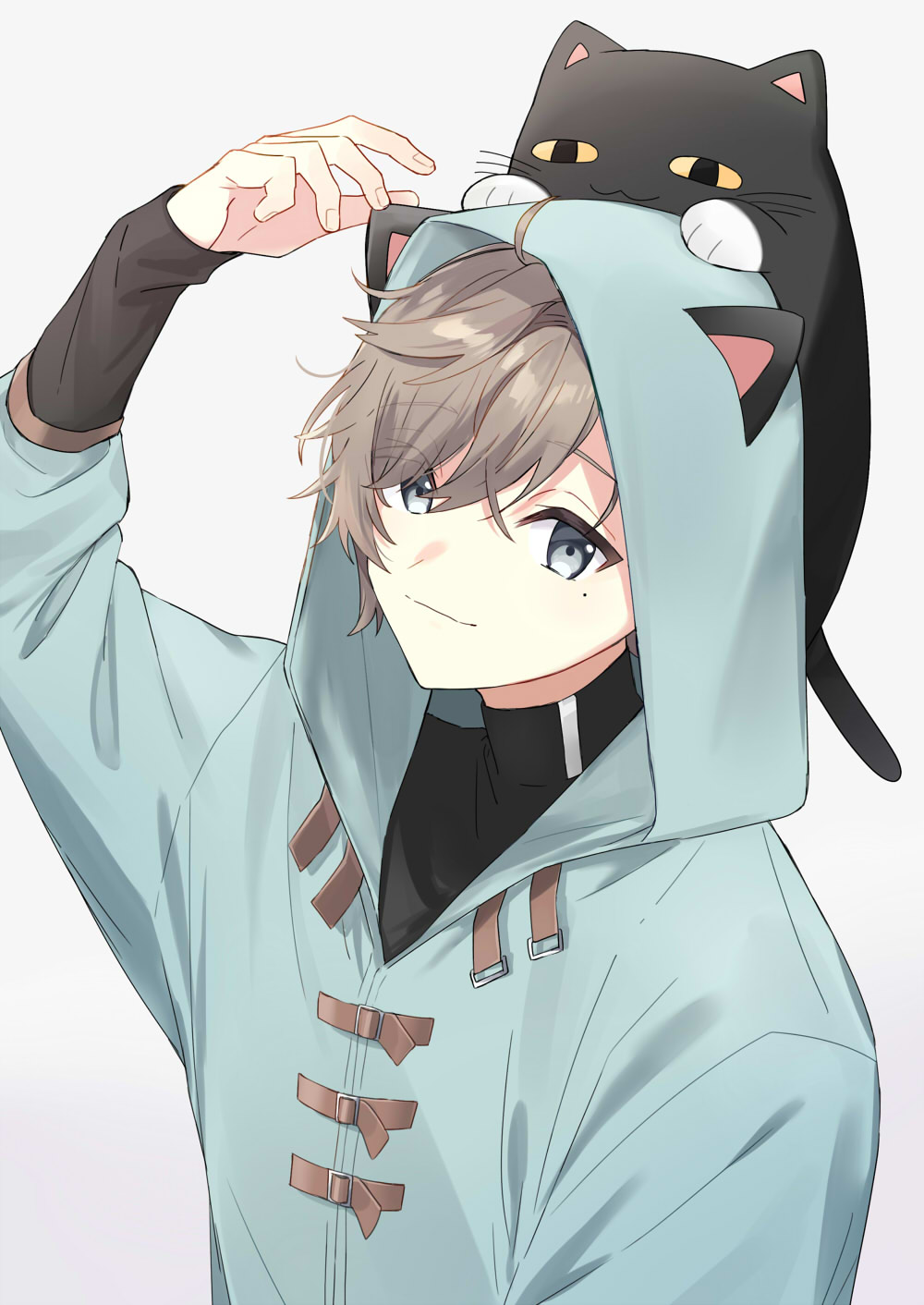 1boy, animal_ears, aqua_jacket, arm_up, black_cat, black_shirt, blue_eyes, brown_hair, cat, fake_animal_ears, highres, hood, hood_up, hooded_jacket, jacket, kanae_(11th_costume)_(nijisanji), kanae_(nijisanji), long_sleeves, mole, mole_under_eye, nifu, nijisanji, on_head, shirt, simple_background, solo, stuffed_animal, stuffed_cat, stuffed_toy, swept_bangs, turtleneck, virtual_youtuber, white_background