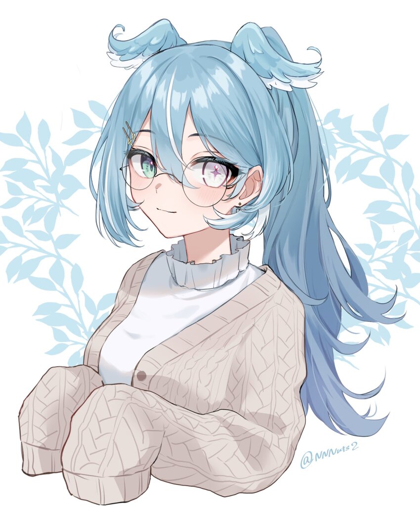 1girl, aqua_eyes, blue_hair, cardigan, casual, elira_pendora, elira_pendora_(3rd_costume), glasses