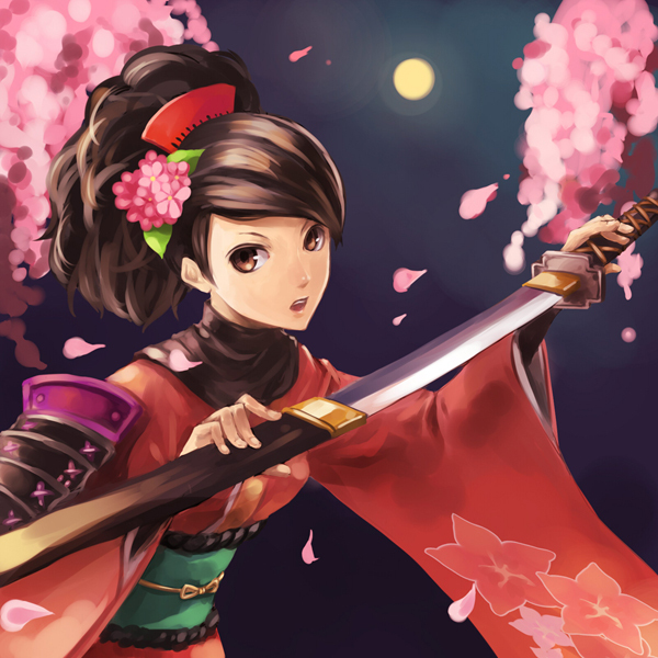 1girl, black_hair, brown_eyes, female_focus, flower, hair_flower, hair_ornament, headdress, japanese_clothes, kimono, meno_(pixiv), momohime, moon, nature, oboro_muramasa, outdoors, shoulder_pads, sky, solo, sword, weapon