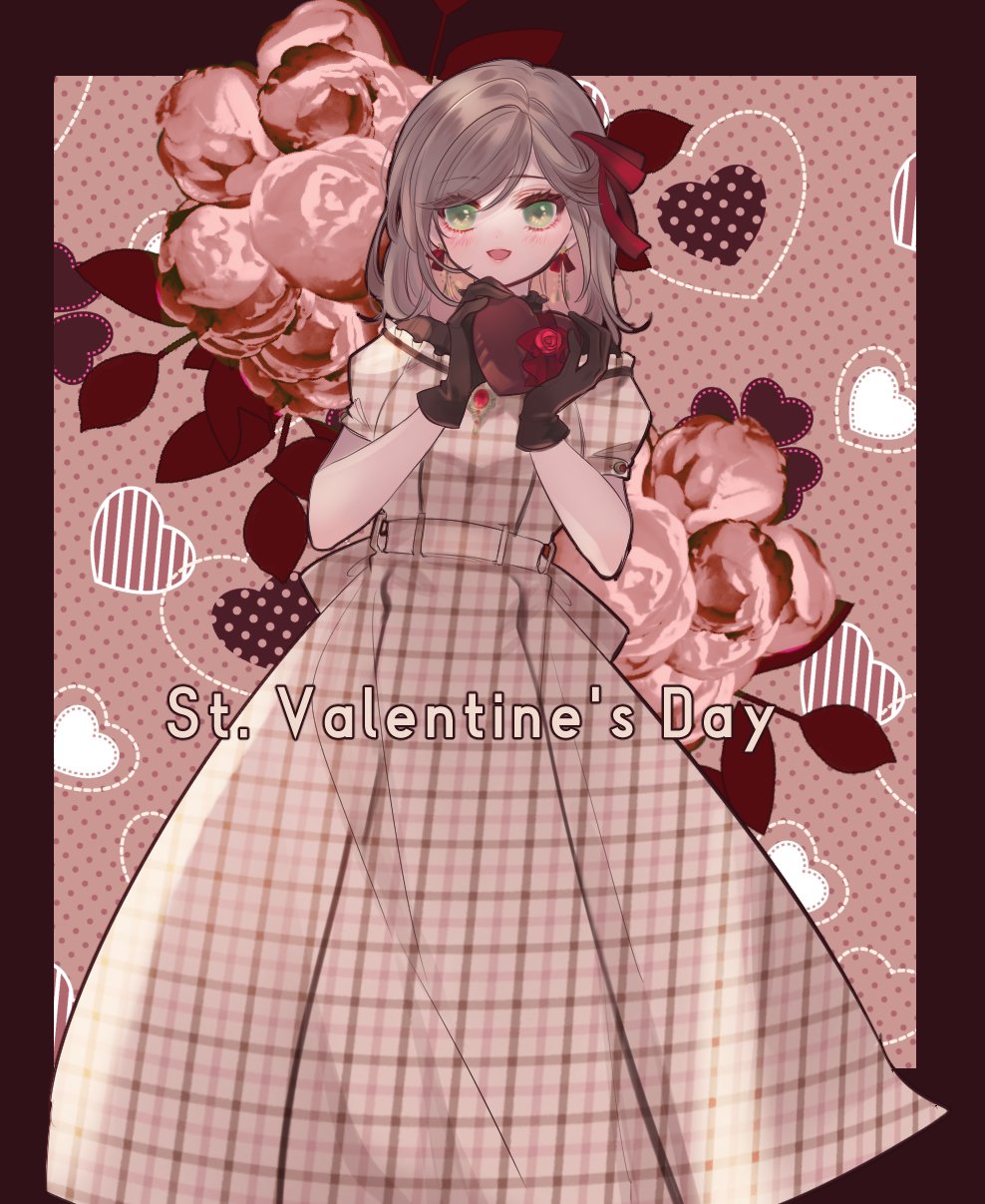 1girl, :d, border, bow, brown_border, brown_dress, brown_gloves, brown_hair