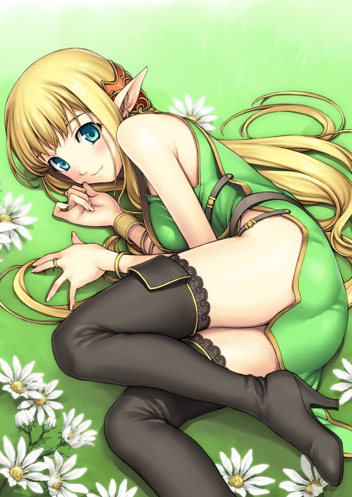 1girl, bare_shoulders, black_thighhighs, blonde_hair, blue_eyes, blush, boots, bracelet