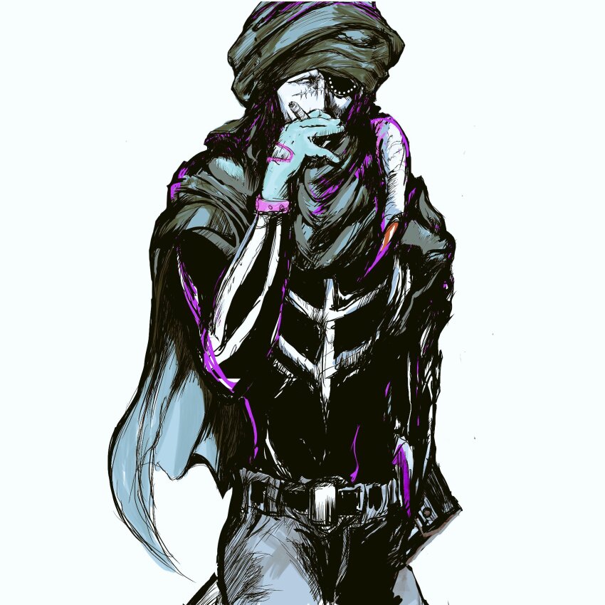 1boy, armor, bone_cold, expressionless, eyepatch, gloves, highres, kinnikuman, kinnikuman_nisei, looking_at_viewer, monster_boy, muscular, smoking, solo, white_background, yoshiokanp