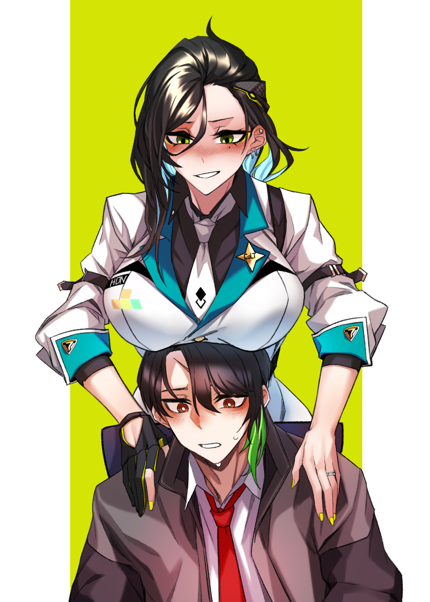 1boy, 1girl, absurdres, behind_another, black_hair, black_shirt, blue_hair, blush