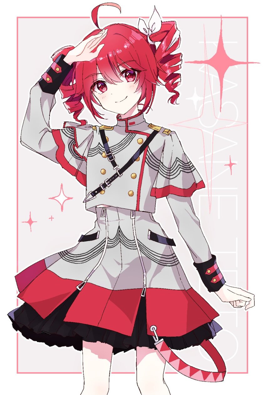 1girl, ahoge, aliasing, arm_up, belt, border, bow, character_name