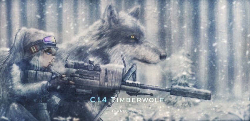 1girl, artist_name, beanie, black_gloves, black_jacket, blue_eyes, breath, c14_(girls'_frontline)