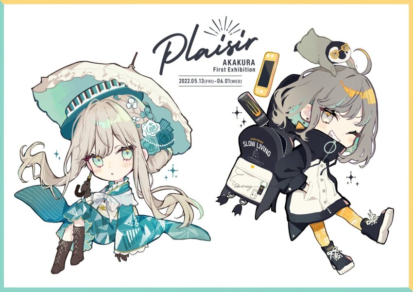 2girls, akakura, animal, animal_on_head, artist_name, baby_animal, bag, bird, bird_on_head, black_gloves, black_jacket, boots, brown_footwear, chestnut_mouth, chibi, cross-laced_footwear, ear_piercing, emma_(akakura), english_text, flower, gloves, green_flower, green_headwear, green_kimono, hair_flower, hair_ornament, hat, holding, holding_umbrella, jacket, japanese_clothes, kimono, light_brown_hair, long_hair, long_sleeves, looking_at_viewer, multicolored_hair, multiple_girls, on_head, one_eye_closed, open_mouth, original, pantyhose, penguin, penguin_chick, piercing, school_bag, shoes, short_hair, sidelocks, smile, streaked_hair, umbrella, wide_sleeves, yellow_pantyhose, zipper