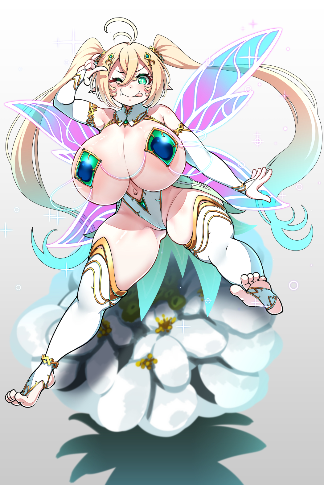 1girl, :p, \m/, ahoge, aqua_hair, areola_slip, bikini, blonde_hair