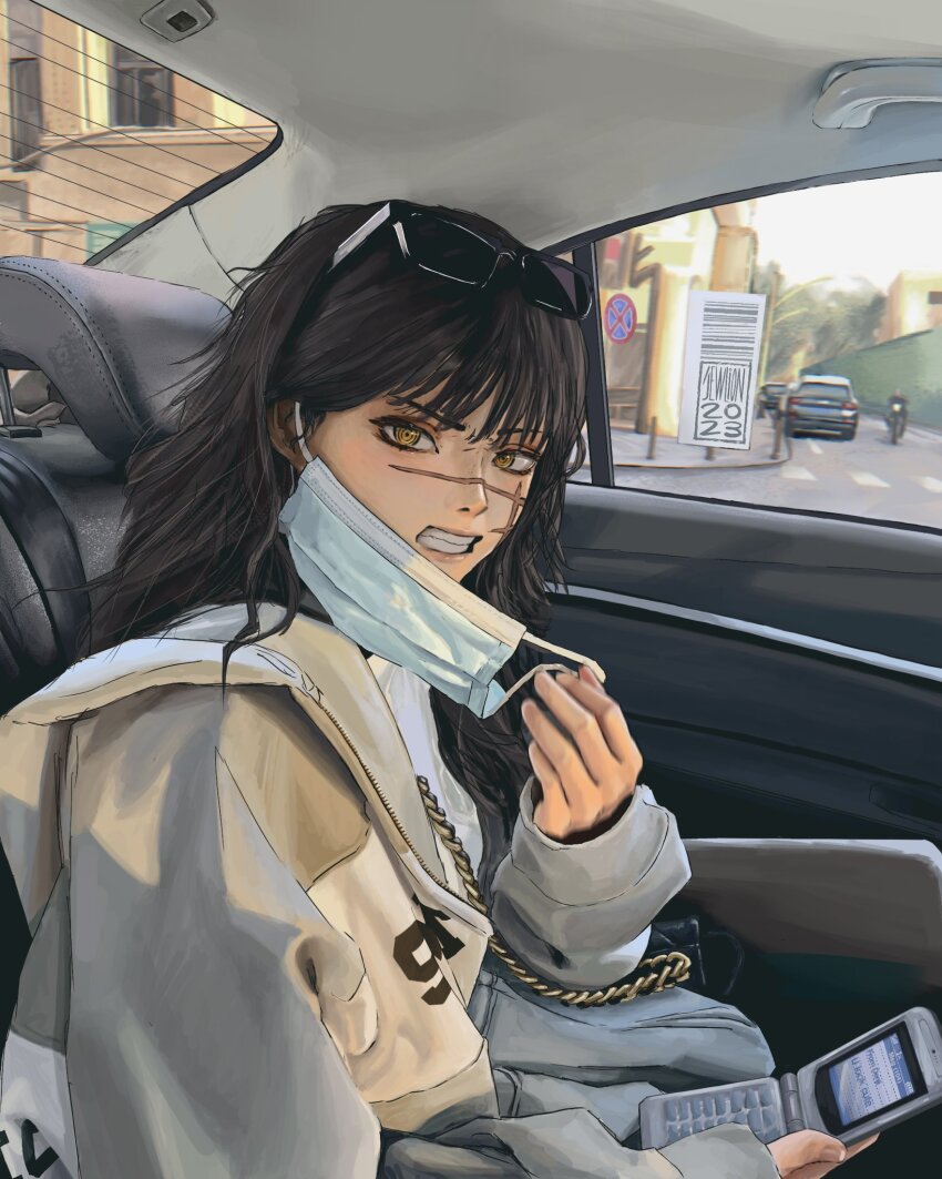 1girl, angry, black_hair, car, car_interior, cellphone, chainsaw_man, clenched_teeth