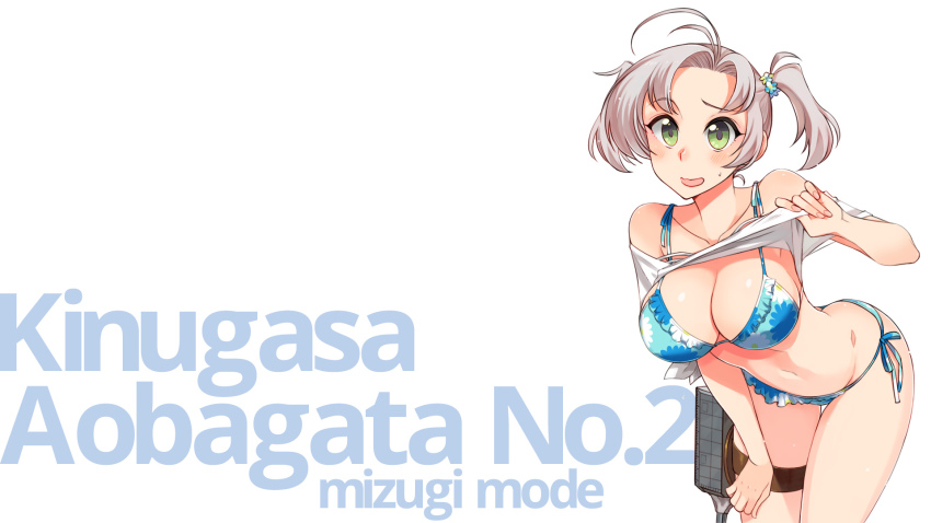 1girl, antenna_hair, bikini, blue_bikini, breasts, character_name, cleavage, clothes_lift