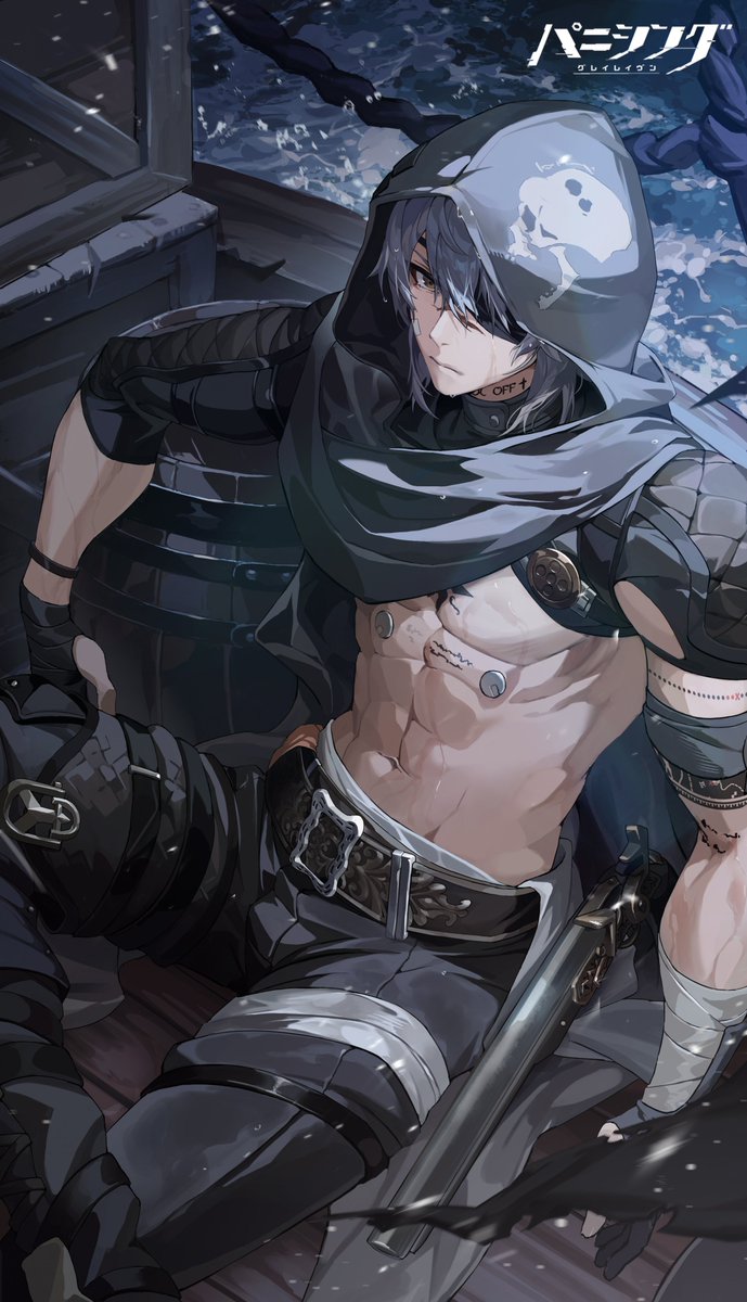 1boy, artist_request, bandages, barrel, belt, eyepatch, frown, gun, happy_birthday, highres, hood, looking_at_viewer, male_focus, muscular, ocean, official_art, pirate_costume, punishing:_gray_raven, rain, sitting, skull, tattoo, watanabe:_astral_(captain_hook)_(pgr), watanabe:_astral_(pgr), watanabe_(pgr), weapon, wet, wet_clothes