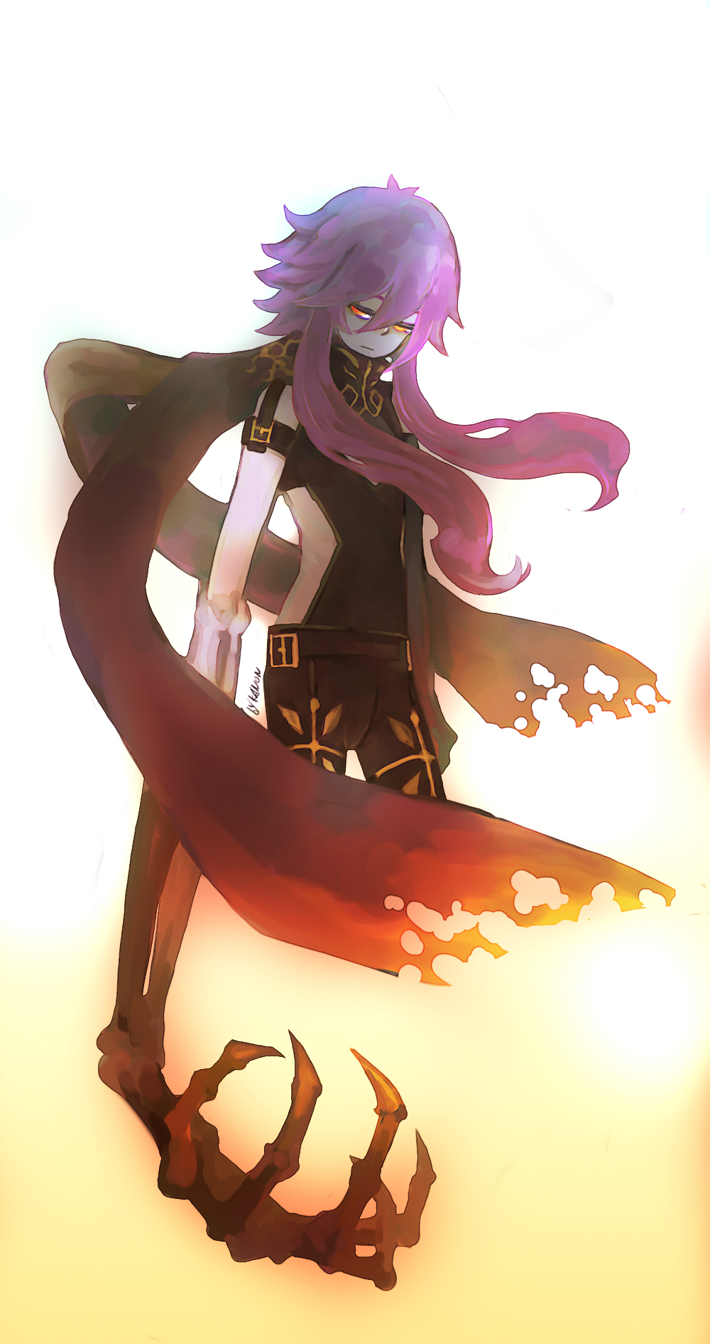 1boy, artist_name, black_bodysuit, black_gloves, bodysuit, claws, closed_mouth, commentary_request