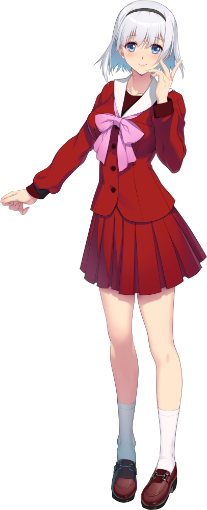 1girl, bare_legs, black_hairband, blue_eyes, blush, bow, bowtie, breasts