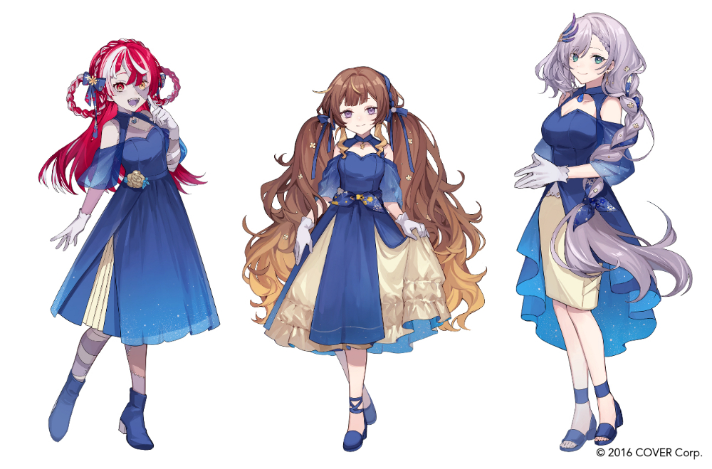 3girls, :d, ankle_boots, ankle_ribbon, ankle_strap, anya_melfissa, blonde_hair, blue_bow