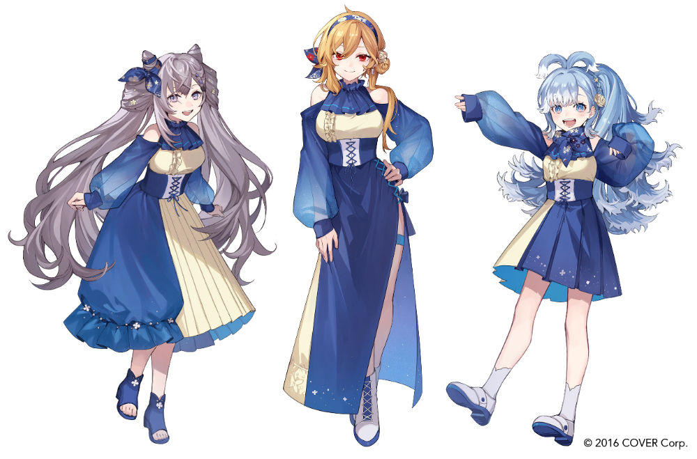 3girls, :d, ankle_boots, asymmetrical_clothes, asymmetrical_skirt, blonde_hair, blue_eyes, blue_footwear