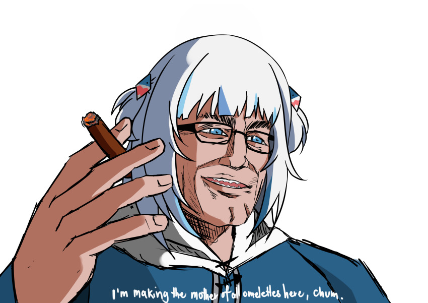1boy, absurdres, blue_eyes, cigar, cosplay, english_text, glasses, gawr_gura, hair_ornament, hairclip, highres, holding, holding_cigar, hololive, hololive_english, meme, metal_gear_(series), metal_gear_rising:_revengeance, milarkavelik, scene_reference, sharp_teeth, smile, solo, steven_armstrong, sweater, teeth, transparent_background, twintails, upper_body, virtual_youtuber, white_hair