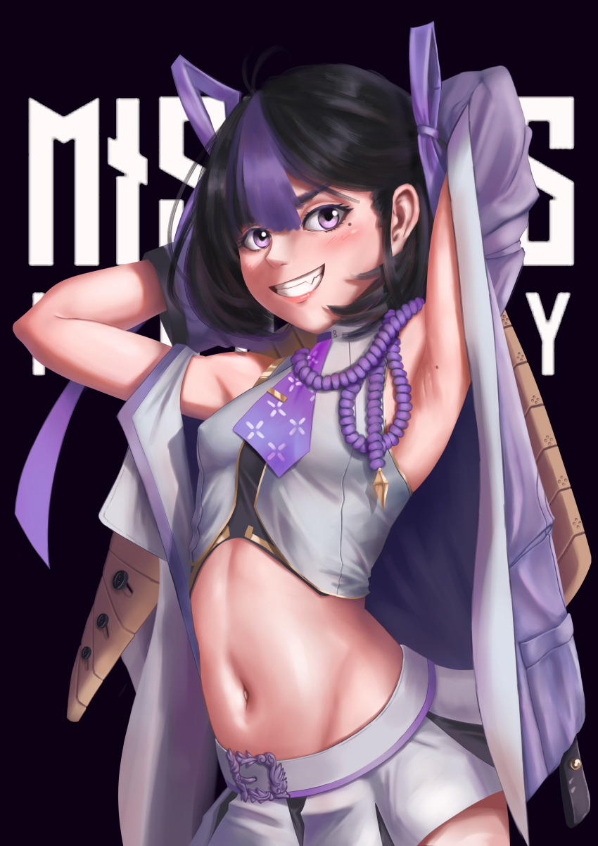 1girl, absurdres, armpits, arms_up, belt, black_hair, blush, breasts, goddess_of_victory:_nikke, hair_ornament, hair_ribbon, highres, jacket, looking_at_viewer, midriff, milarkavelik, miniskirt, mole, mole_under_eye, multicolored_hair, navel, off_shoulder, open_clothes, open_jacket, purple_eyes, purple_hair, purple_jacket, ribbon, simple_background, skirt, small_breasts, smile, solo, streaked_hair, syuen_(nikke), teeth